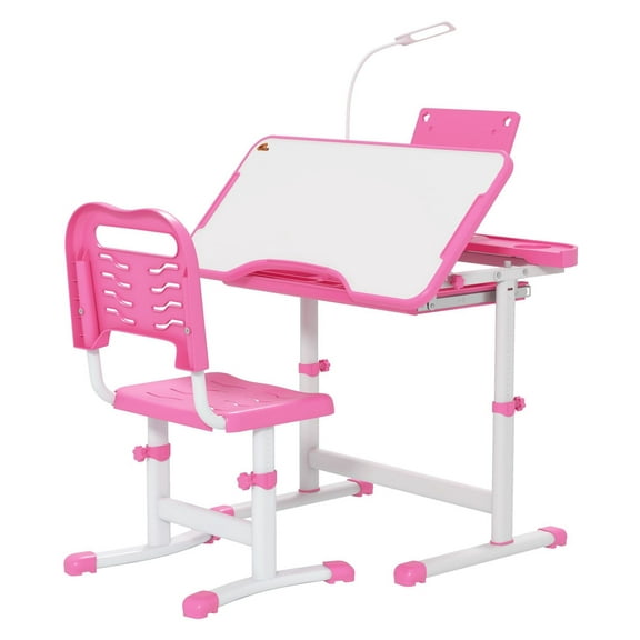 Kids Table and Chair Set with USB Light, Pink - Adjustable Study Desk for Children Ages 6-12, Art Desk with Storage