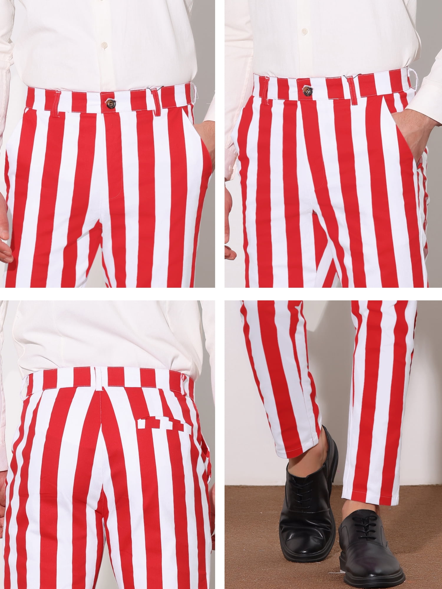Unique Bargains Men's Striped Pants Business Skinny Fit Color Block Trousers 28 Red White