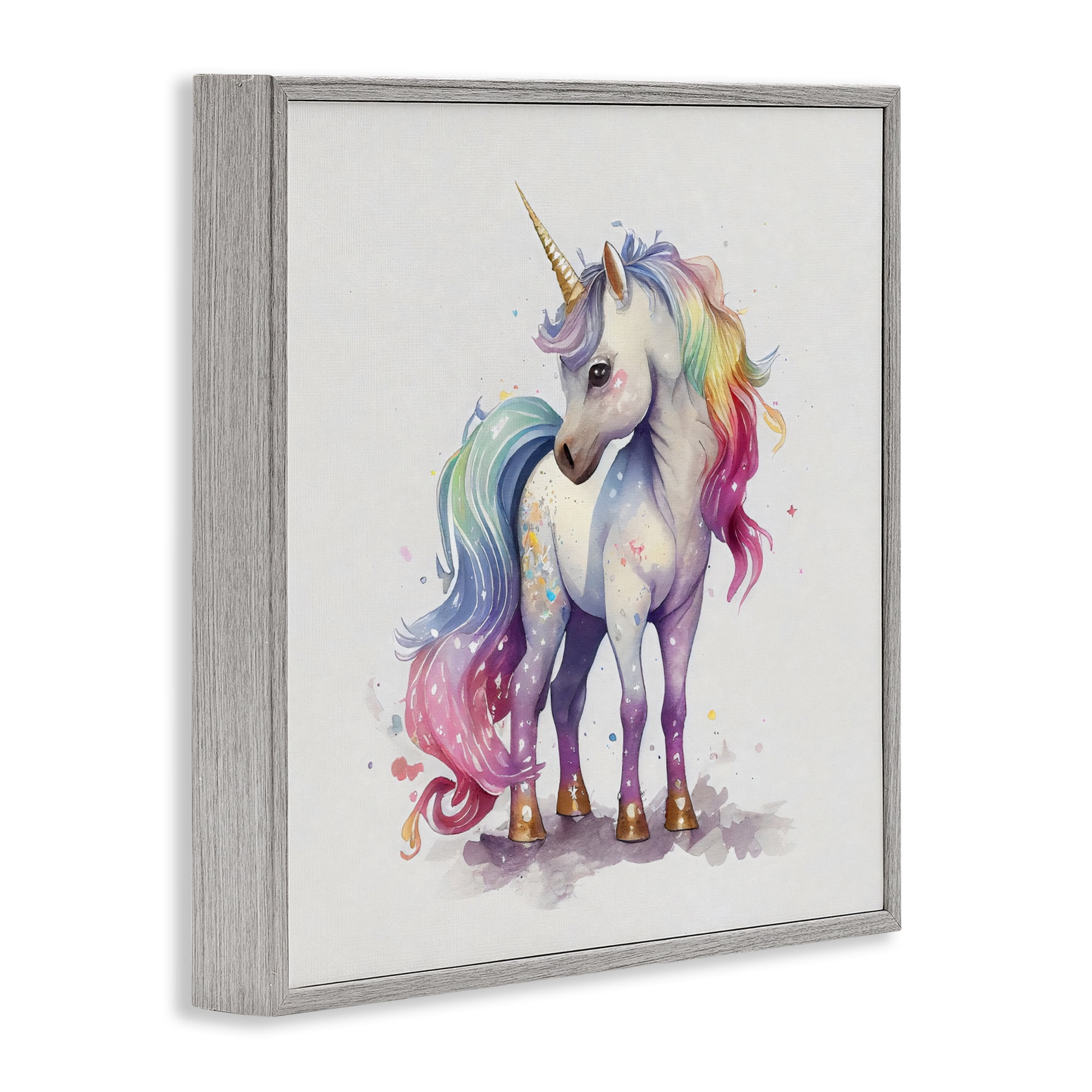 Stupell Industries Watercolor Unicorn & Rainbow Mane Gray Framed Giclee Art, design by Creative Studio