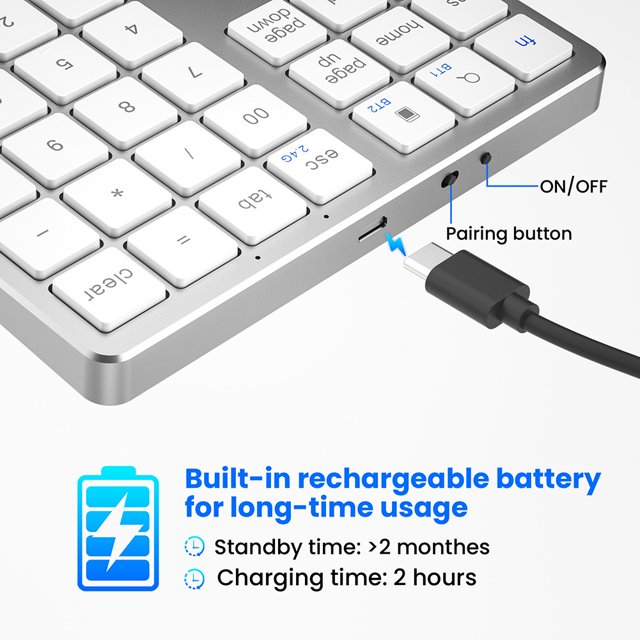 Teclado numérico Ehuebsd Compatible con Bluetooth 2,4G USB recargable 35 teclas blanco plateado
