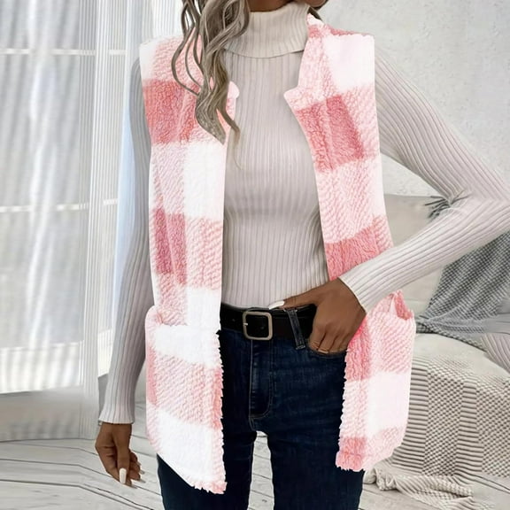 Qetyuw Fuzzy Sweater Vest for Women Plaid Sleeveless Open Front Cardigans Coat Casual Loose Fit Vests Coats with Pocket
