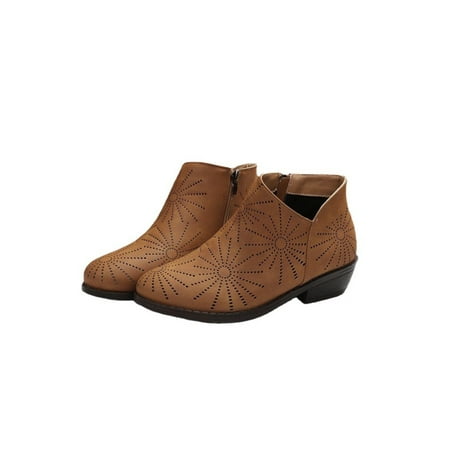 

Ritualay Women Bootie Round Toe Winter Shoes Side Zip Ankle Boots Retro Comfort Vintage Booties Daily Casual Chunky Heel Short Boot Dark Brown 6