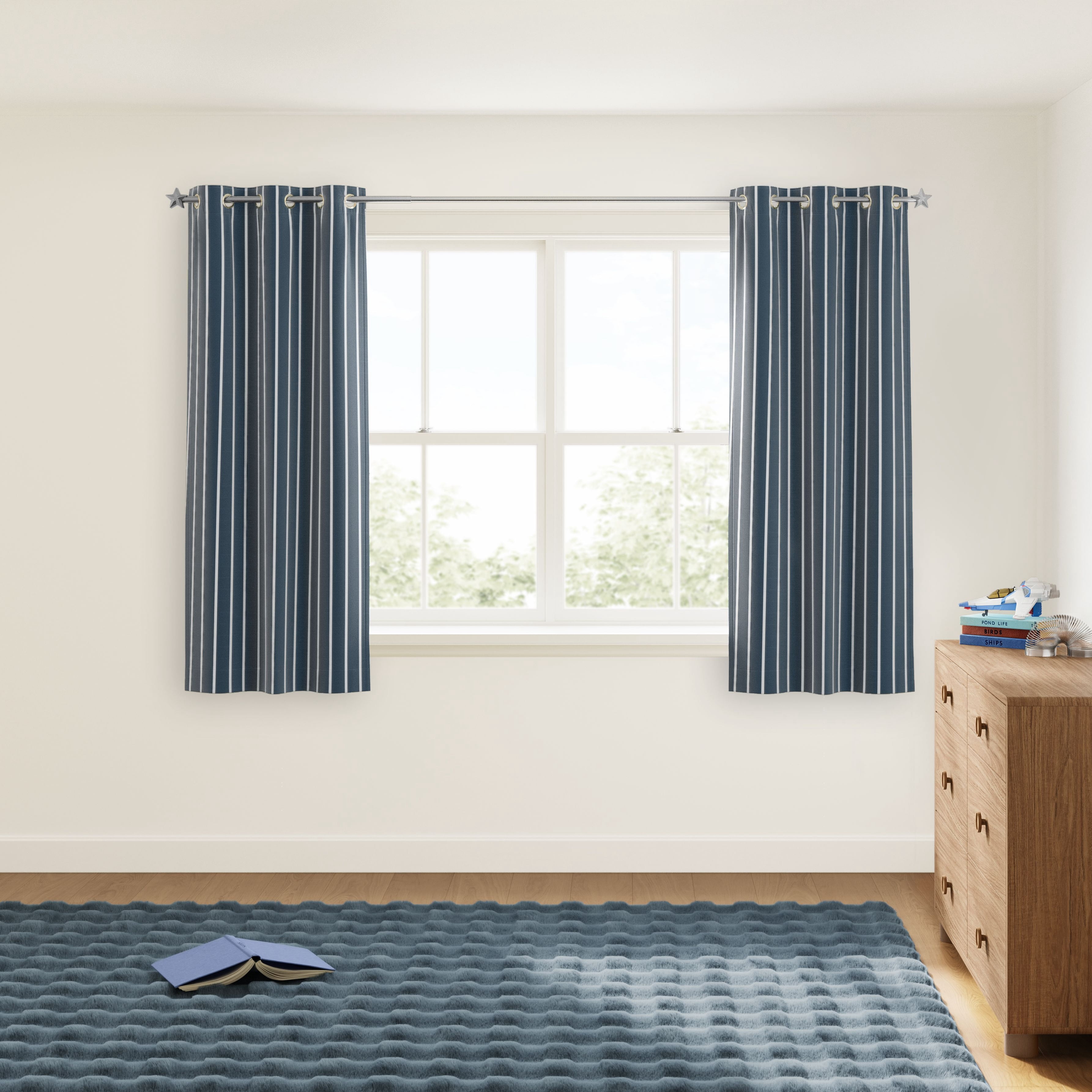 Mainstays Kids Blue and White Stripe Light Filtering Grommet Single Curtain Panel, 38" W x 63" L