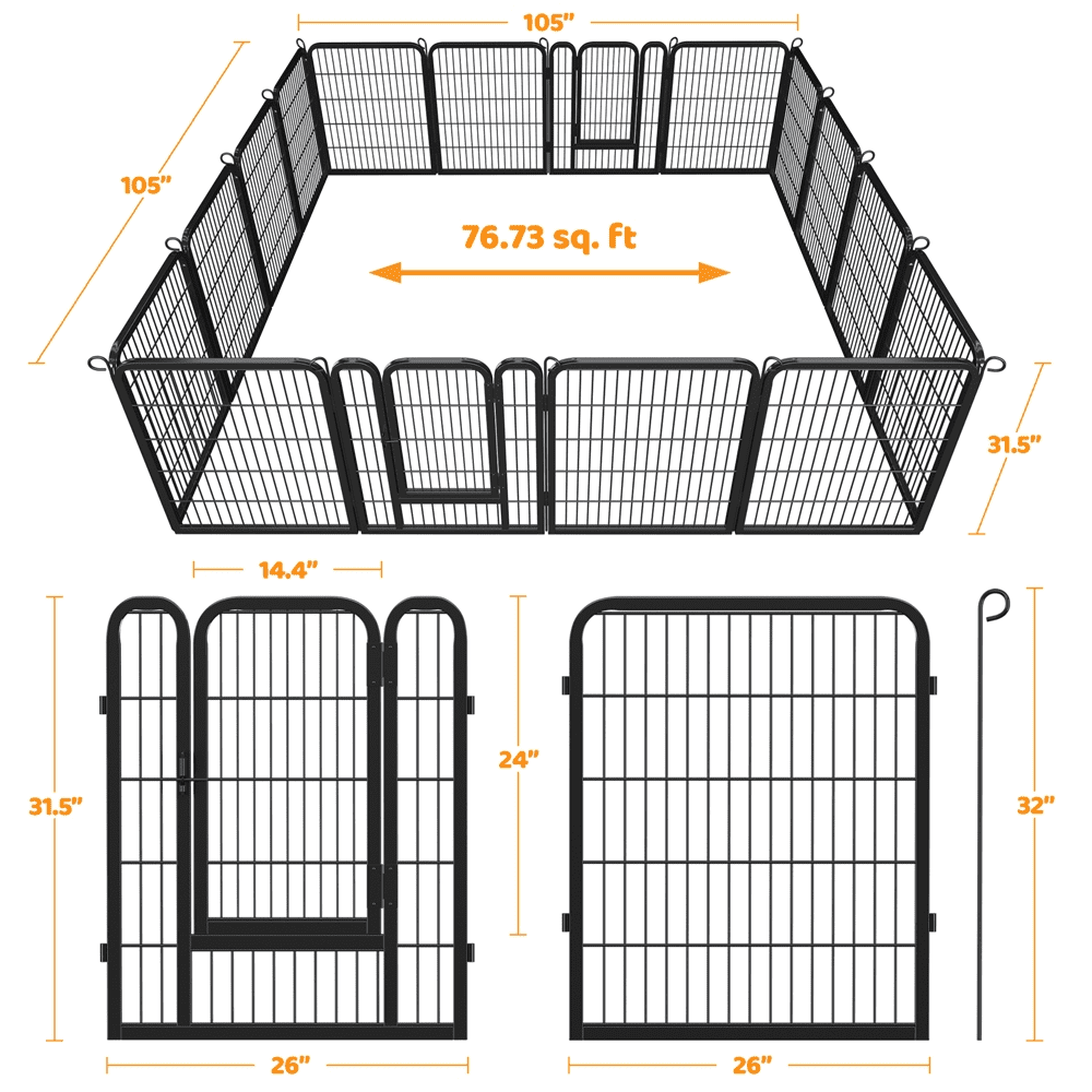 Alden Design 31.5" Tall 16 Panels Metal Dog Playpen Dog Gate for Outdoor/Indoor, Black