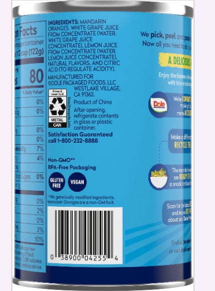 Dole Mandarin Oranges in 100% Fruit Juice From Concentrate**, 15 oz Can