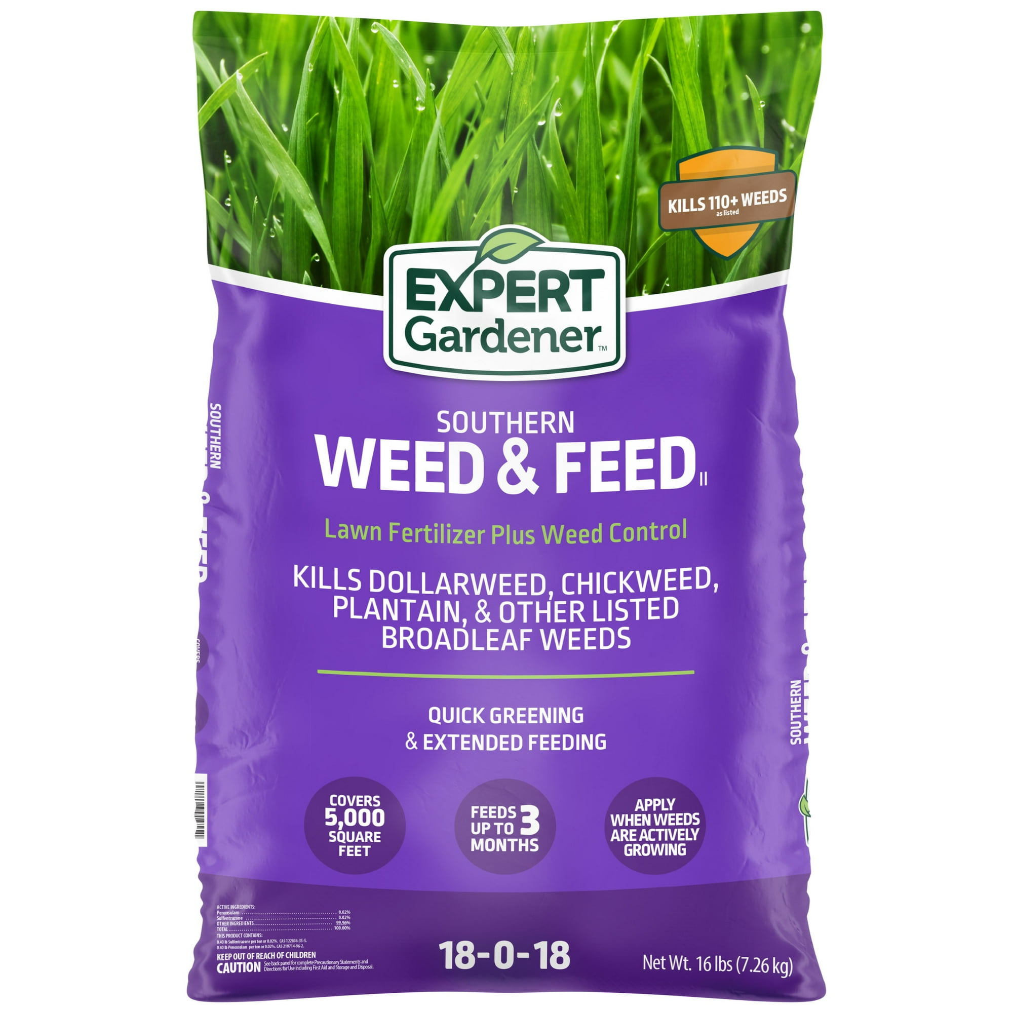 Expert Gardener Southern Weed & Feed Lawn Fertilizer with Weed Control, 16 lb, Covers up to 5,000 sq ft
