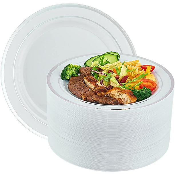 Vplus Silver Rim Plastic Plates, 10.25 Inch, 100Pack