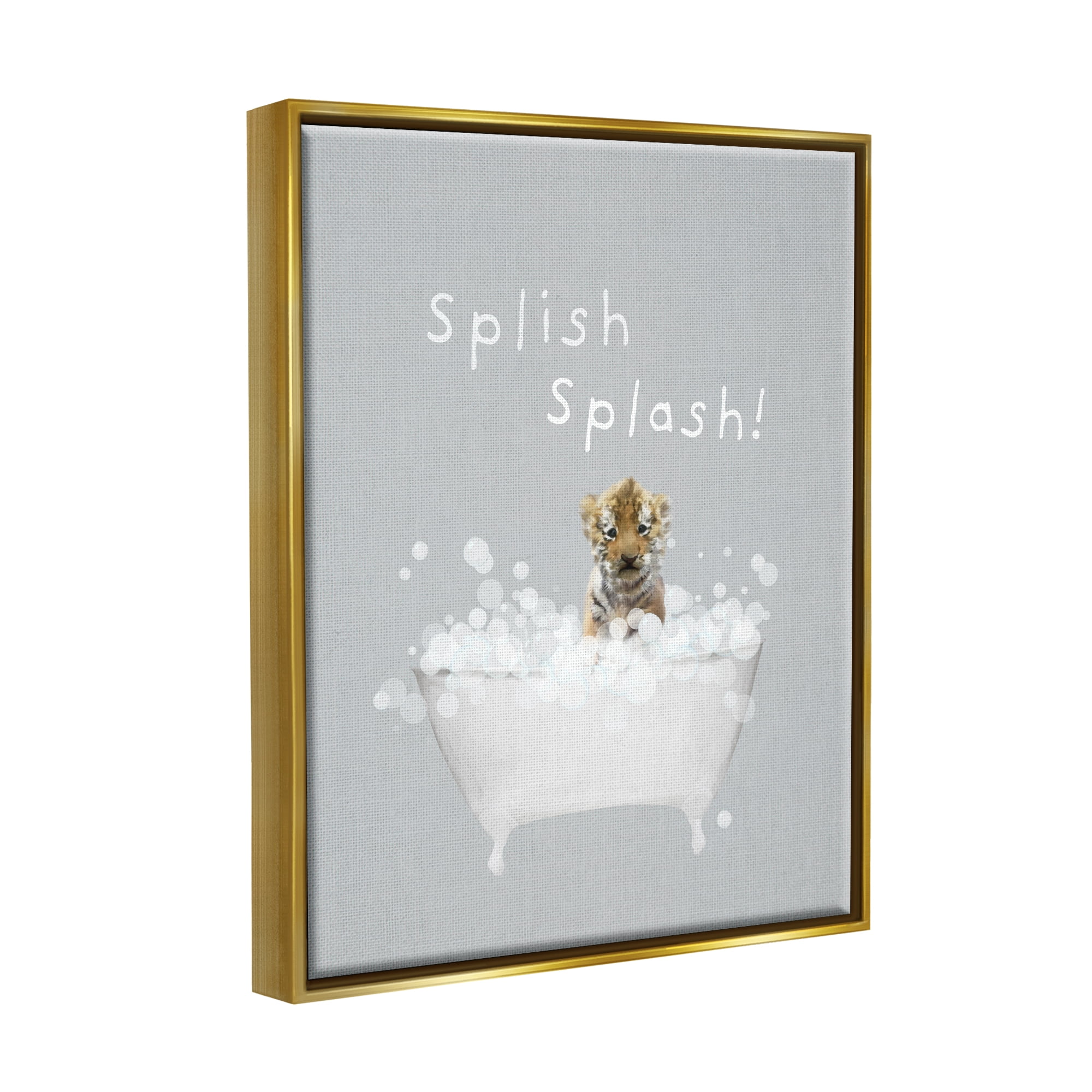 Stupell Industries Splish Splash Baby Tiger Animals & Insects Painting Gold Floater Framed Canvas Art Print Wall Art, 17 x 21
