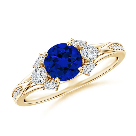 ANGARA Lab Grown 1 Ct Blue Sapphire Engagement Ring with Lab Diamonds for Women in 14K Yellow Gold (Size-6mm) | September Birthstone, Anniversary Jewelry Gift for Women | Lab-Grown Blue Sapphire Ring