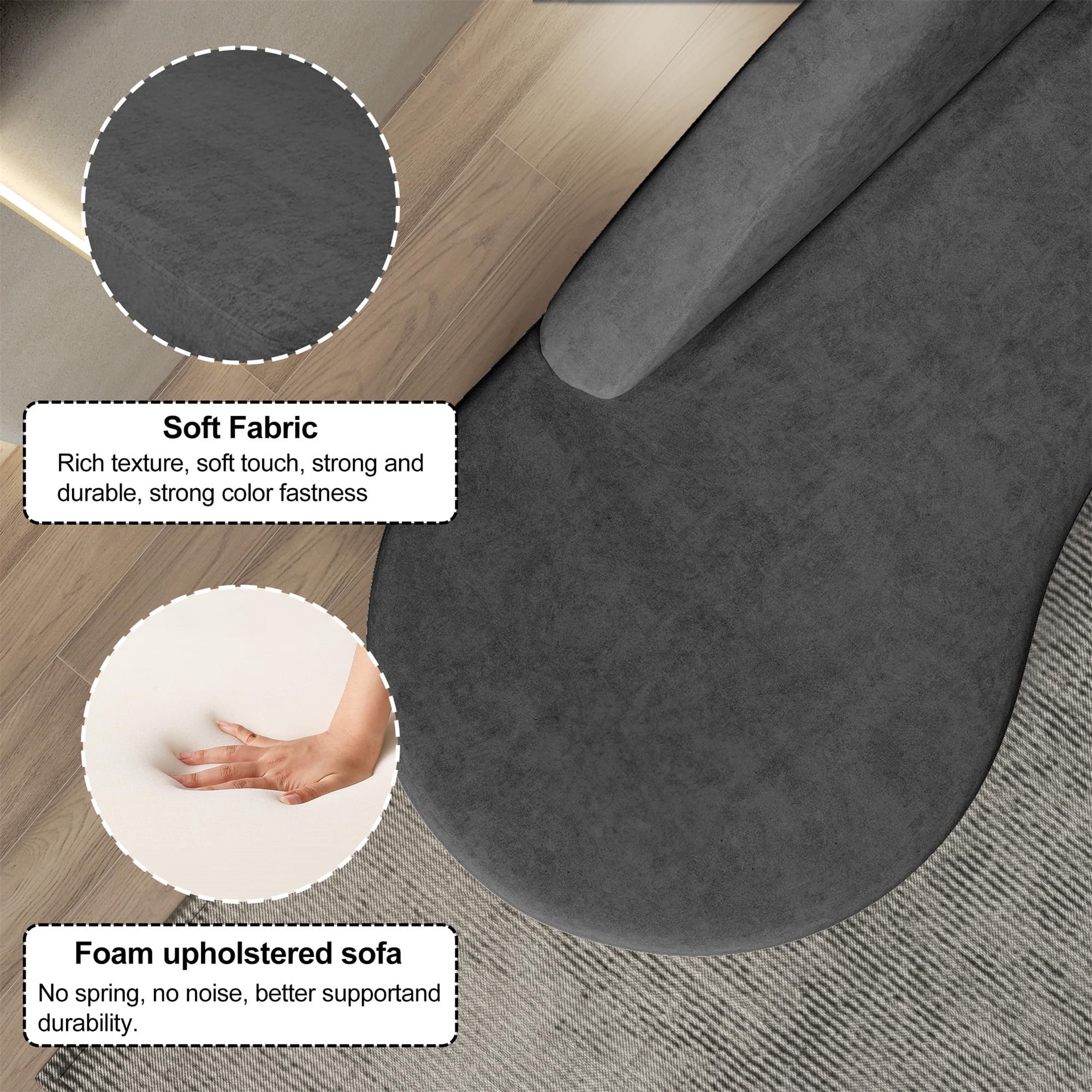 FocalSweet 91" Comfy Sofa 3 Seater Curved Couch with Deep Seat for Living Room, Plush Chenille, Gray