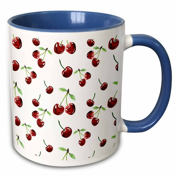 3drose, Cute Red Cherries Pattern, 15oz Two-tone Blue Mug