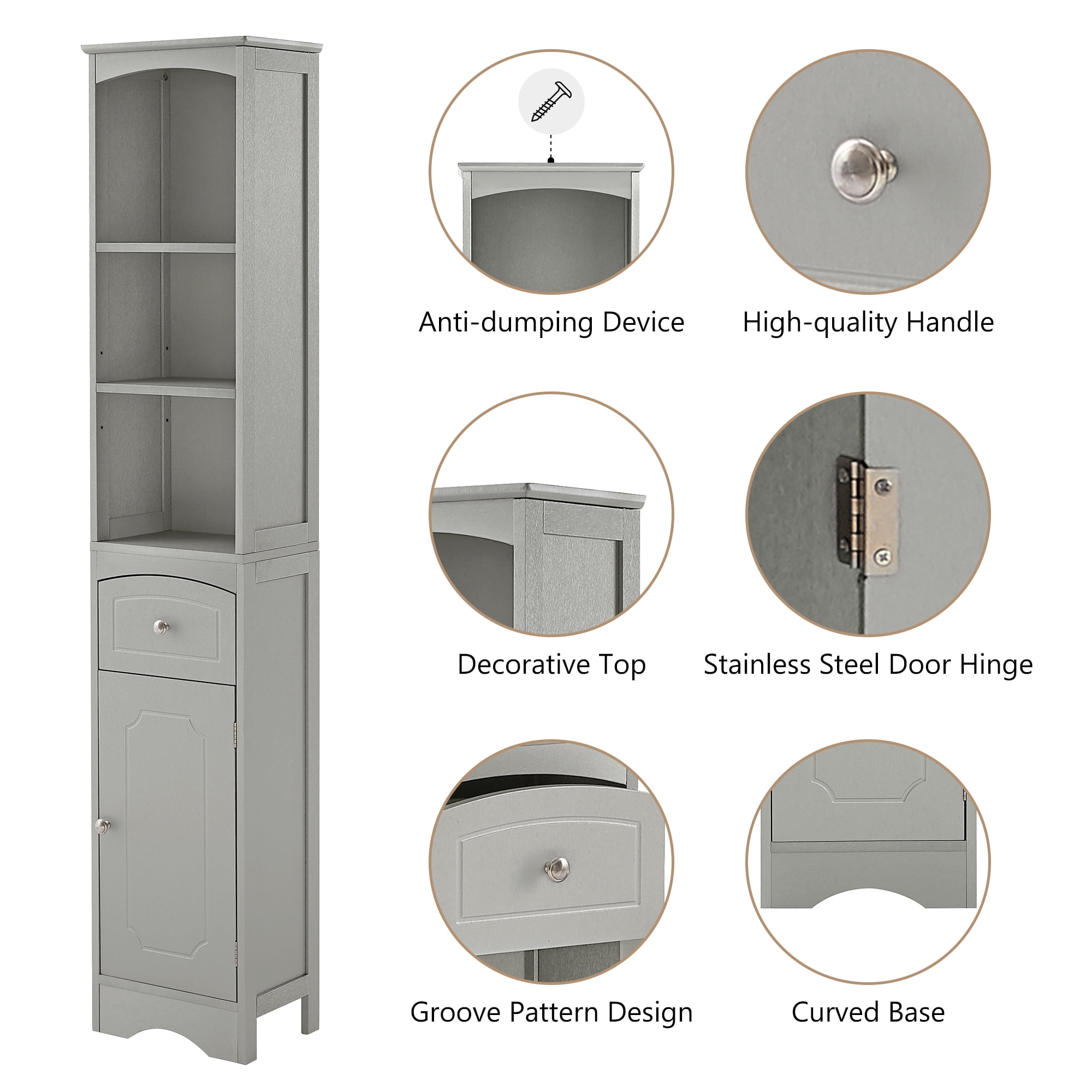 EUROCO Bathroom Storage Cabinet,Wood Linen Cabinet, Narrow Tall Cabinet Storage Tower with Adjustable Shelves,Door and Drawer,Grey