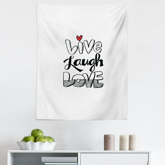 Live Laugh Love Tapestry, Vintage Hand Drawn Words with Different Style Graffiti Wall Art Design, Fabric Wall Hanging Decor for Bedroom Living Room Dorm, 5 Sizes, Black White Red, by Ambesonne