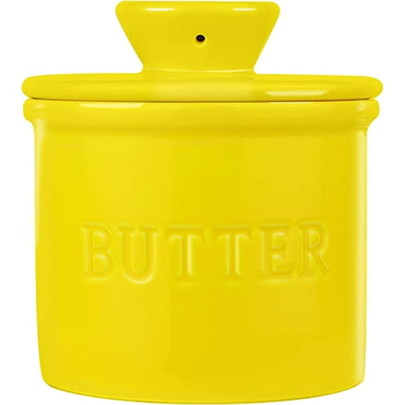 Bonison French Butter Crock for Spreadable Soft Butter, Ceramic Butter Keeper for Counter,Large Capacity Butter Holder With Knife, Housewarming Gift Indoor Home Kitchen Decor (Yellow)