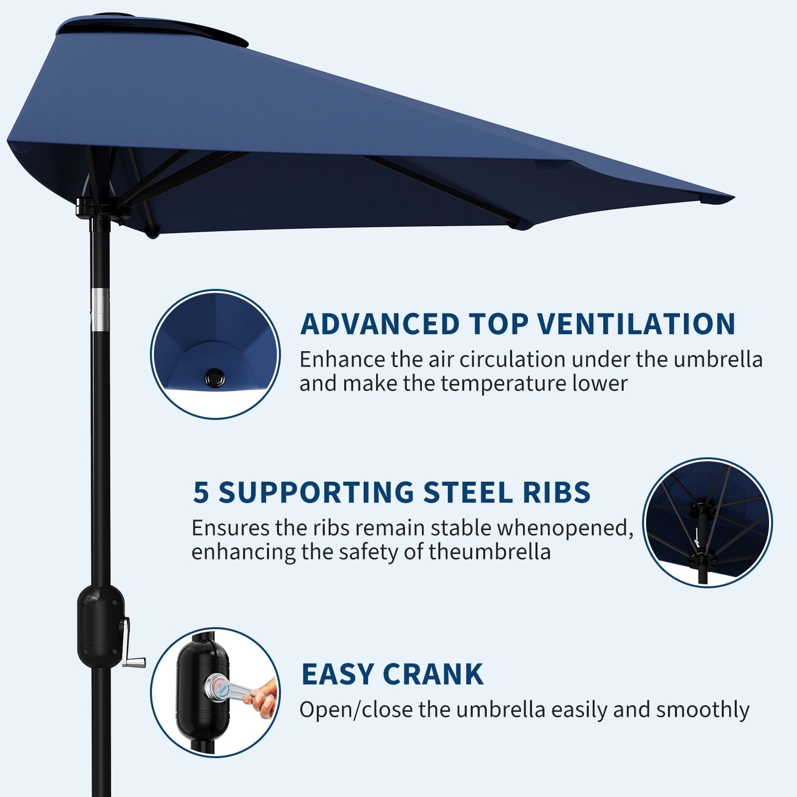 Patio Umbrella 9FT - Half Umbrella Outdoor with Smooth Crank Lift, Outdoor Shade Canopy for Patio, Backyard, Garden, Deck, Balcony