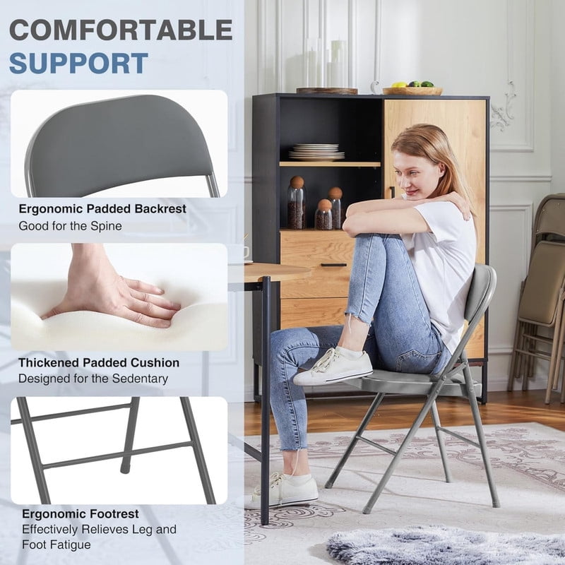 Kelno 4 Pack Folding Chair Leather Padded Seat Portable Chair, Grey