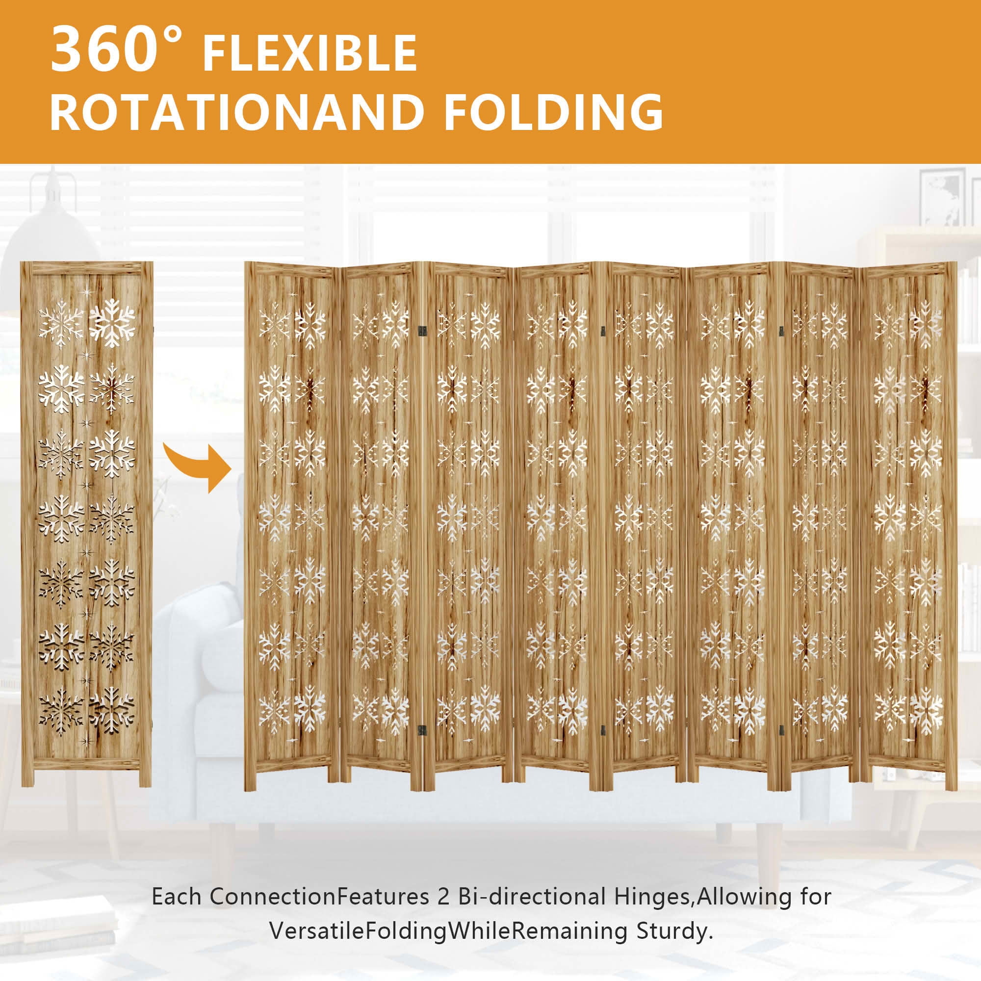 MAYEERTY 127x1x67 Inch Natural Charcoal Snowflake Wooden Folding Privacy Screen, 8 Panel Set for Home & Patio