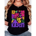 thumbnail image 1 of Women's "He Is Risen" Floral Cross Graphic T-Shirt - Retro Minimalist Design, Casual Comfort Fit, Short Sleeve, Round Neck, Blend, Black with Colorful Print, 1 of 6