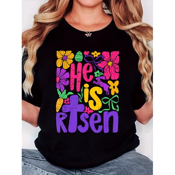 Women's "He Is Risen" Floral Cross Graphic T-Shirt - Retro Minimalist Design, Casual Comfort Fit, Short Sleeve, Round Neck, Blend, Black with Colorful Print
