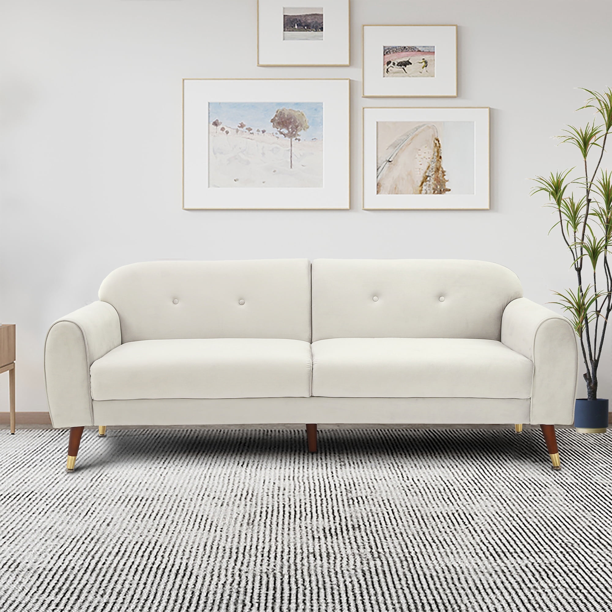Gewnee 76" Velvet Modern Sofa with Curved Arch Back,Button Tufting and Tapered Wood Legs.Suitable for Living Rooms,Apartments.(Beige)