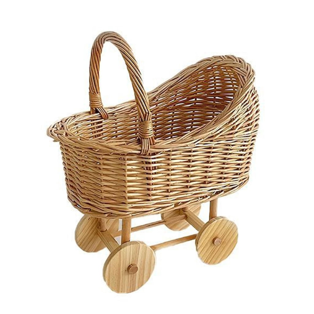 Zeiwohndc Rattan Stroller Shaped Flower Basket with Wheels Hand Woven Small Pushcart