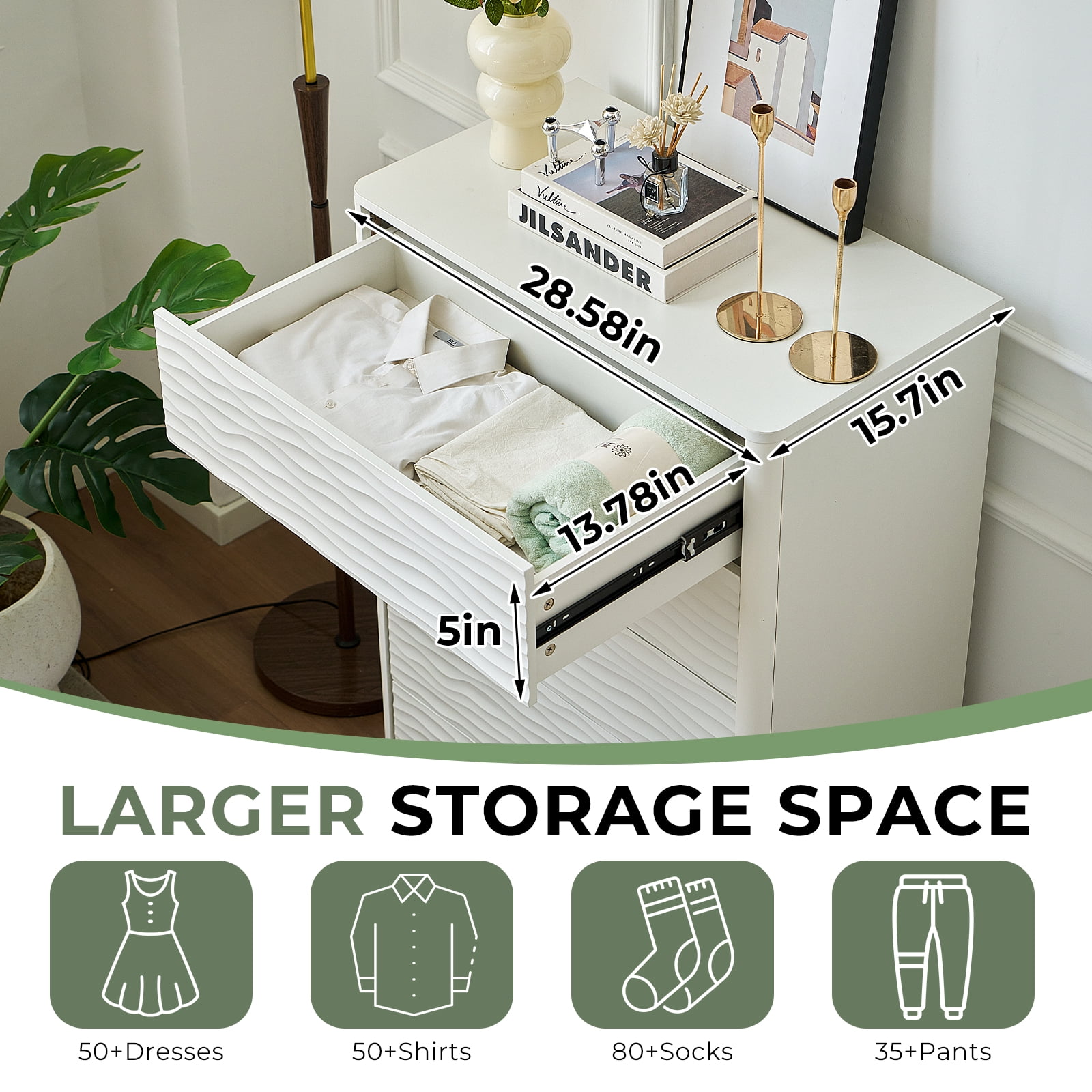 Dresser for Bedroom, 43" Tall 5 Drawer Dresser, Chest of Drawer, Modern Storage Cabinet for Kids and Adults, White