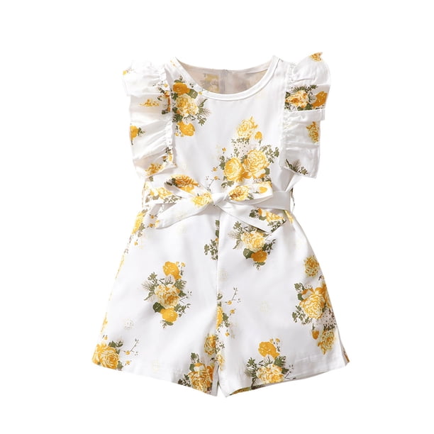 Odeerbi 3M-6Y Niñas Verano Rompers Ruffle Floral Sudadera Manga Corta Suspensión Pantalones Cortos Generales Con Cintura