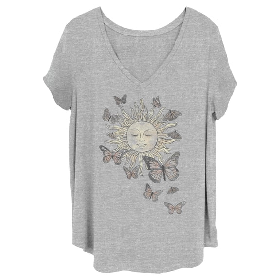 Junior's Lost Gods Monarch Butterfly Sun  Graphic Tee Heather Gray 2X