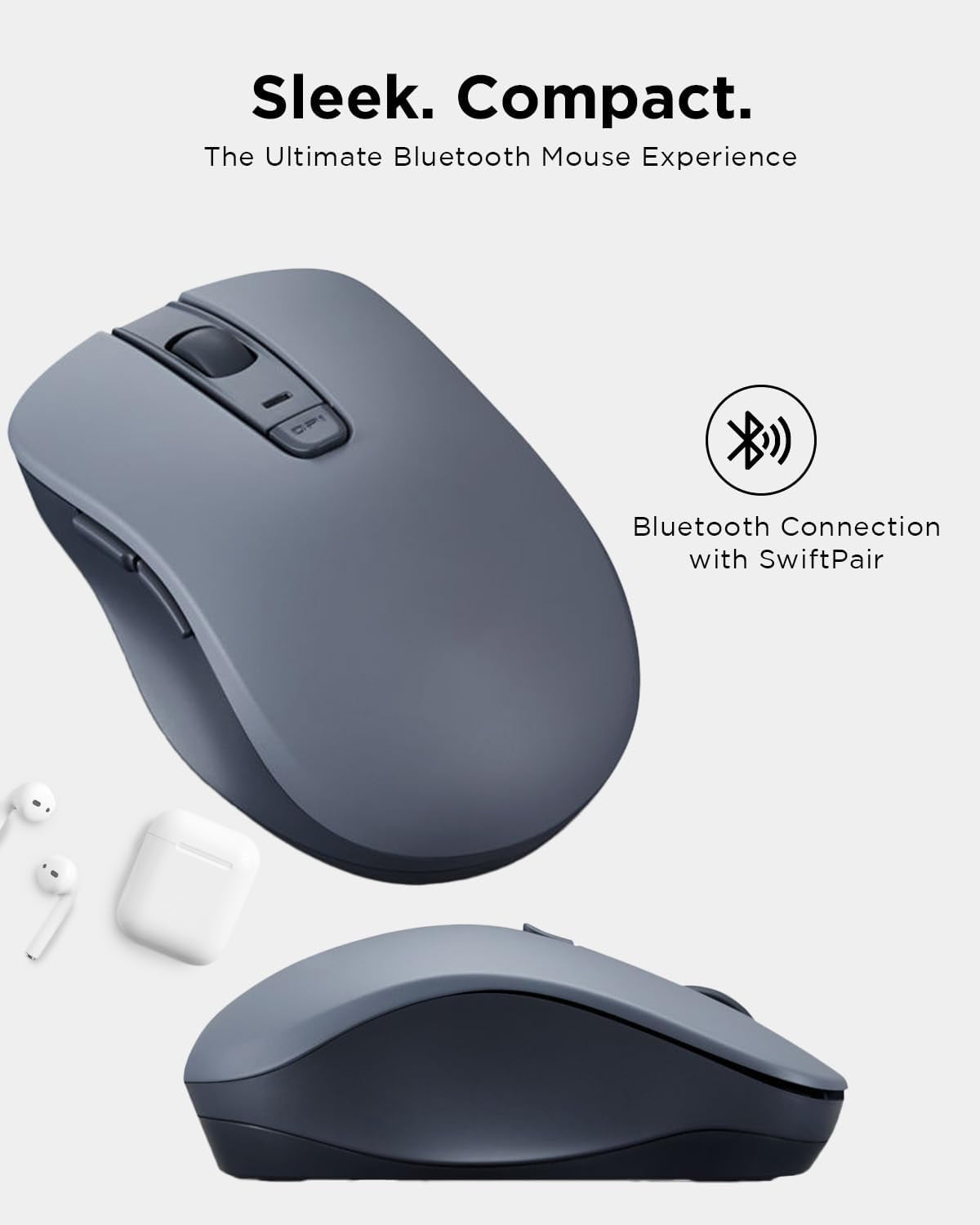 Bluetooth Silent Mouse (WL300) - 5 Button Computer Mouse with Silent Left & Right Click – Sculpted Grip, Microsoft Swift Pair, Up to 1600 DPI (Grey)