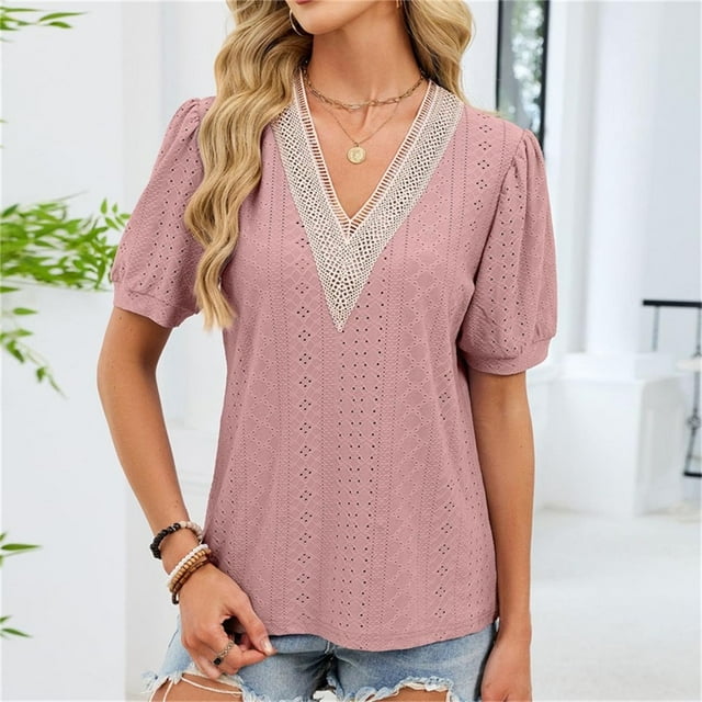 Xuyuer Women's Summer Casual Notched V Neck Solid Color Short Sleeve Work Blouse T-Shirt Top