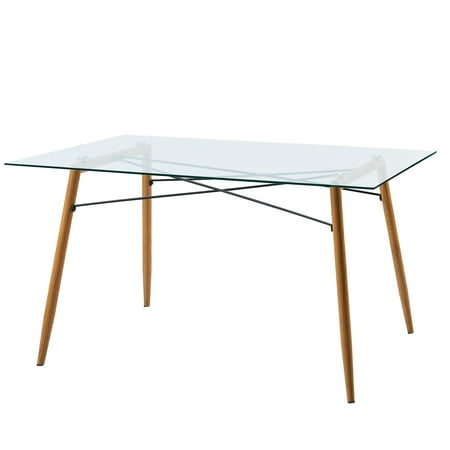 Teamson Home Minimalist Glass Top Wood Grain Legs Dining Table For Kitchen Living Room Office
