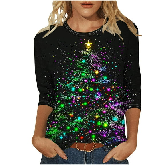 LiMoi Women's 3/4 Sleeve Round Neck Xmas Tree Graphic Print Casual T-Shirt Tees Tshirts Tops for Christmas Holiday Season My Items