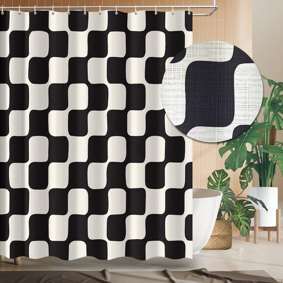 Retro Checkerboard Grid Pattern Fabric Shower Curtain Beige Green Classical Wavy Checkered Shower Curtain Decoration 60x72 Inch with Hooks