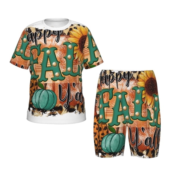 Balery Happy Fall Y'All Conjunto de Pijama Infantil de Manga Corta con Estampado – Ropa de Dormir de Algodón Suave-Medium