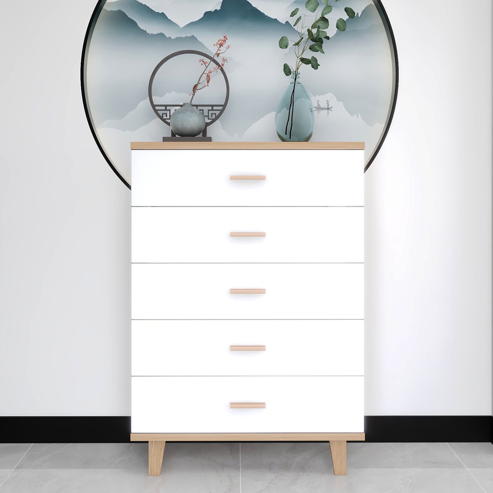 HIUU Tall Dressers for Bedroom,Modern 5 Dressers,Natural Wood Dresser