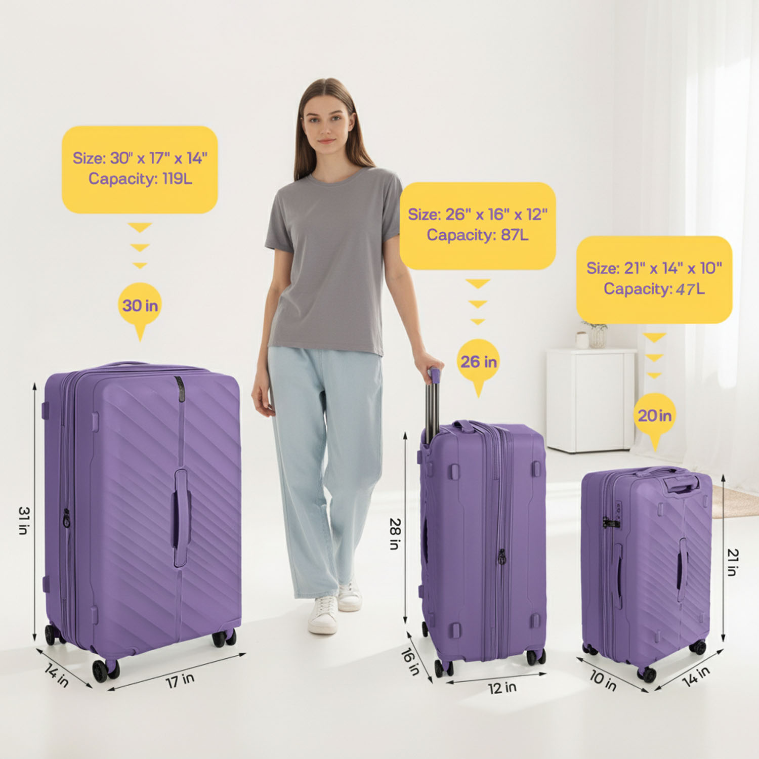 20" Carry On Luggage Airline Approved,Hardshell Suitcases with Spinner Wheels & TSA Lock,Lightweight Expandable Rolling Luggage, Purple - DQ135
