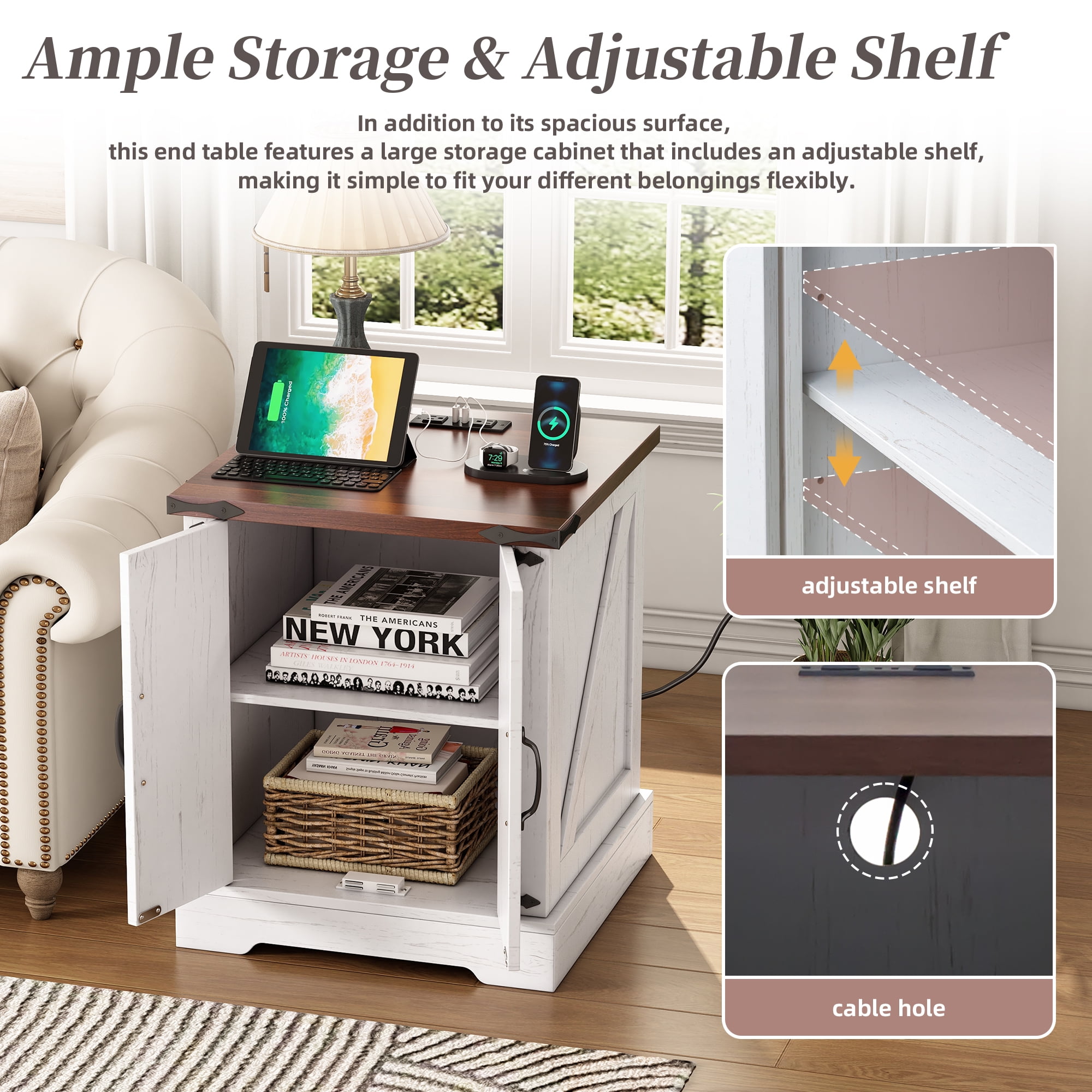 MAYEERTY Farmhouse End Table with Charging Station, Rustic Wood Nightstand with Adjustable Shelf, White