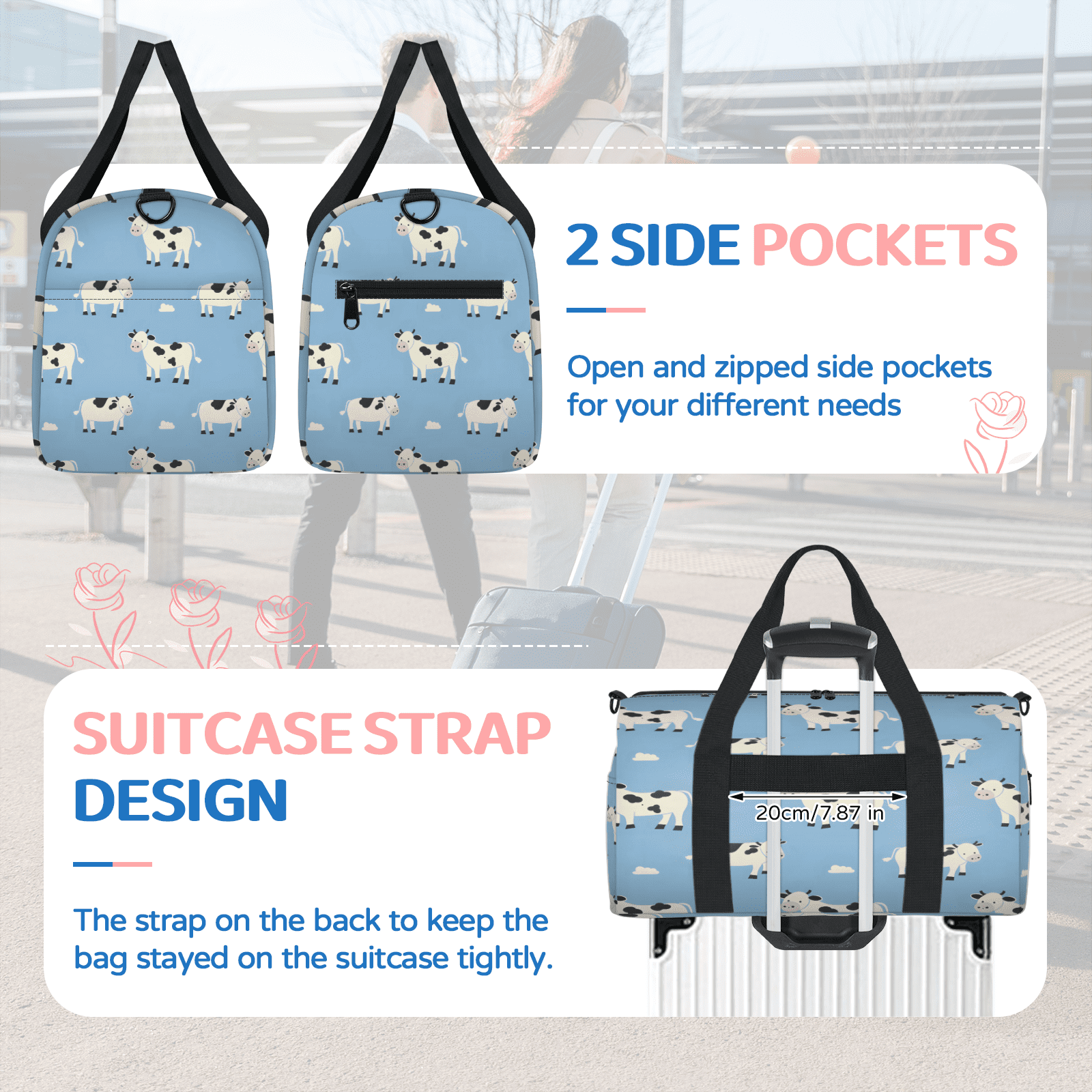 Herdesigns Cow Pattern Travel Duffle Bag Sports Yoga Weekender Overnight Carry on Workout Bags Lightweight Waterproof Gym Tote Bag for Women