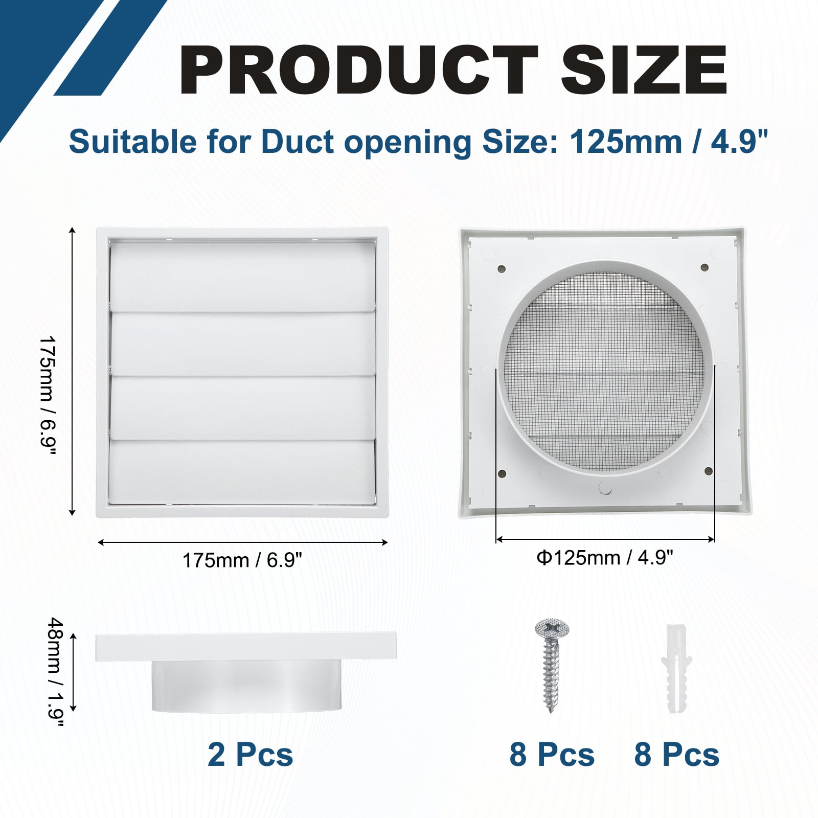 Uxcell 2Set Louvered Exhaust Vent Cover (5" Opening, 6.9"L x 6.9"W) - Air Wall Vent with Dustproof Mesh, Plastic Exhaust Ventilation Grille for Kitchen/Bathroom/Garage, White
