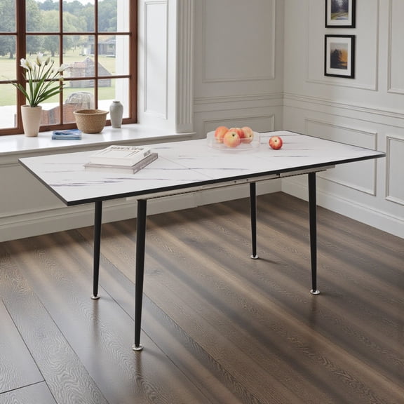 GZXS Modern Extendable Dining Table, 47 to 63 Inch White Marbling MDF Kitchen Table with Black Metal Legs, Seats 2-6, for Small Spaces, Easy Pull-Out Leaf Design