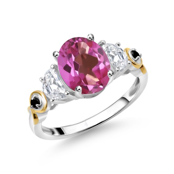 Gem Stone King 925 Silver and 10K Yellow Gold 3-Stone Ring Oval Pink Mystic Topaz and Moissanite (2.71 Cttw, Size 9)