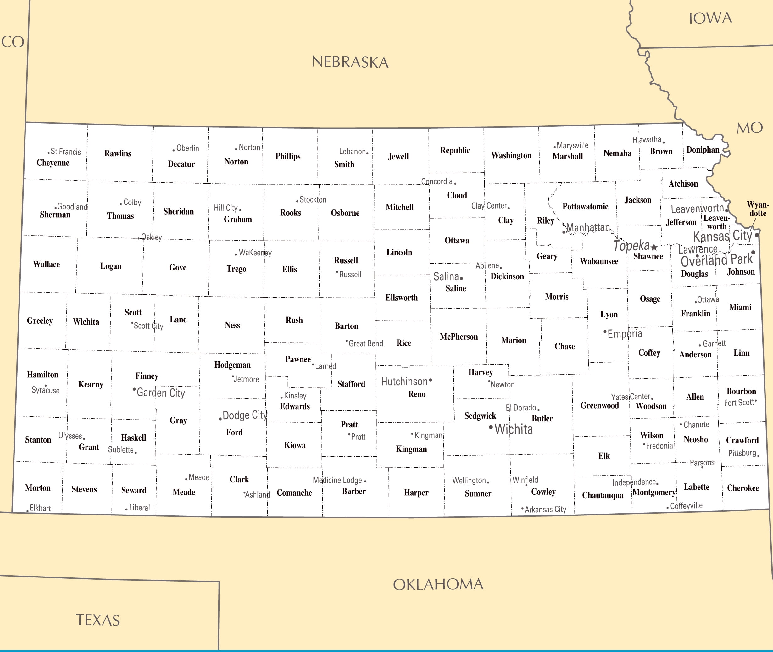 Laminated Map - Large administrative map of Kansas state with major ...