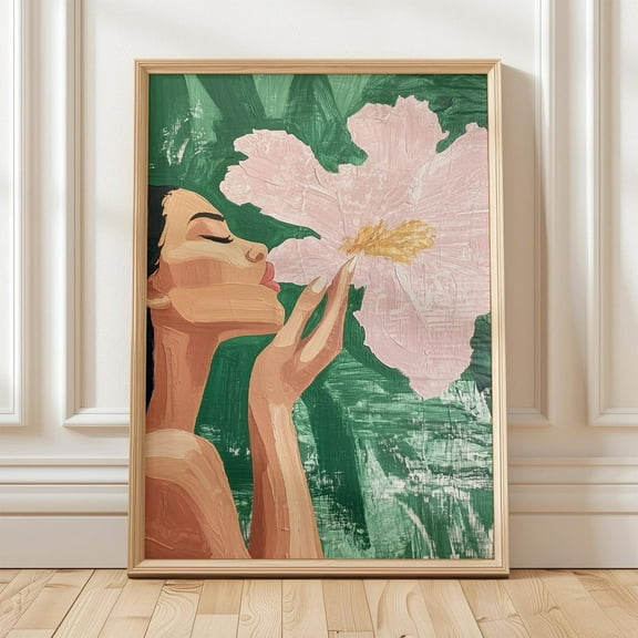 Modern Botanical Artwork, Floral Wall Art Print, Green And Pink Minimalist Decor, Tropical Woman Portrait Wall Art, Modern Wall Decor, 8x12 UNFRAMED