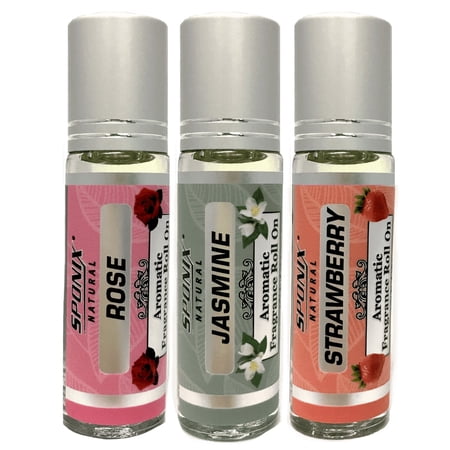 Roll on Aromatherapy Oil Set of 3 - Jasmine, Rose and Strawberry Made with 100% Pure Therapeutic Grade Essential Oils (3 x 10 mL) by Sponix Made in USA Pack of 3