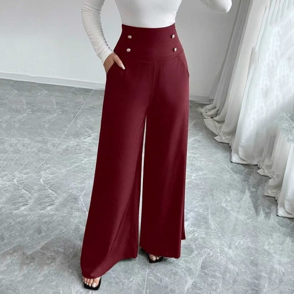 Cagogo Women's High Waisted Wide Leg Trousers with Pockets Button Elegant Long Palazzo Pants for Party Work Office Casual Beach Wear, Wine 2XL