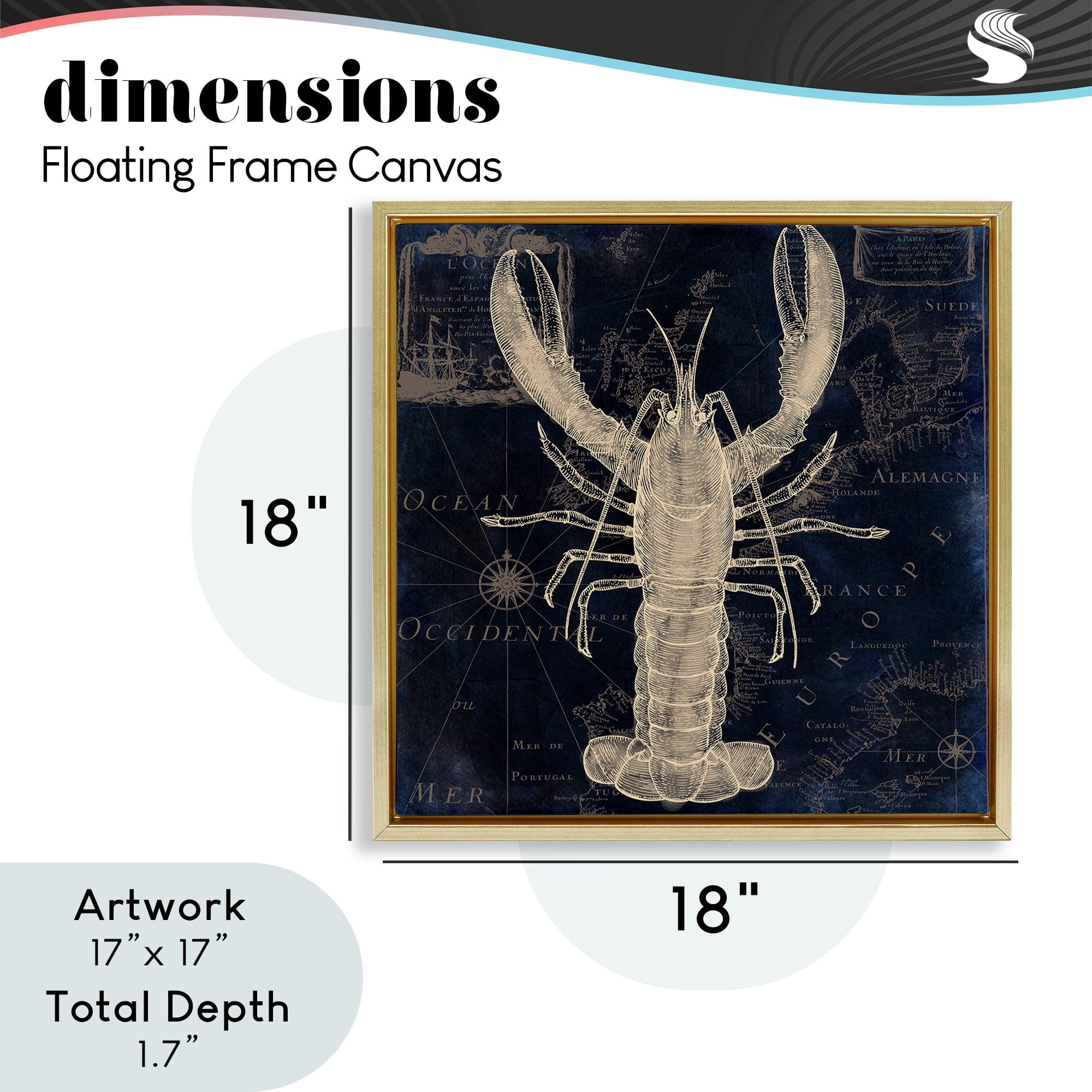 Lobster Contour over Map Gold Framed Floater Canvas Wall Art, design by Sasha