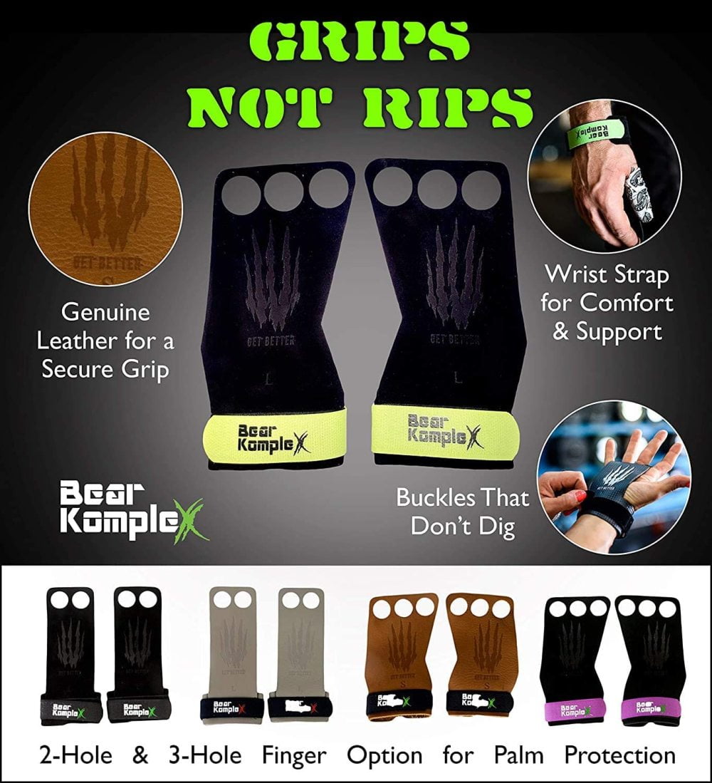 Bear KompleX 2 Hole Leather Hand Grips for Gymnastics & Crossfit Comfort & Support- Hand Protection from Rips & Blisters. Wrist Straps WODs w Weight Lifting Pull-ups 