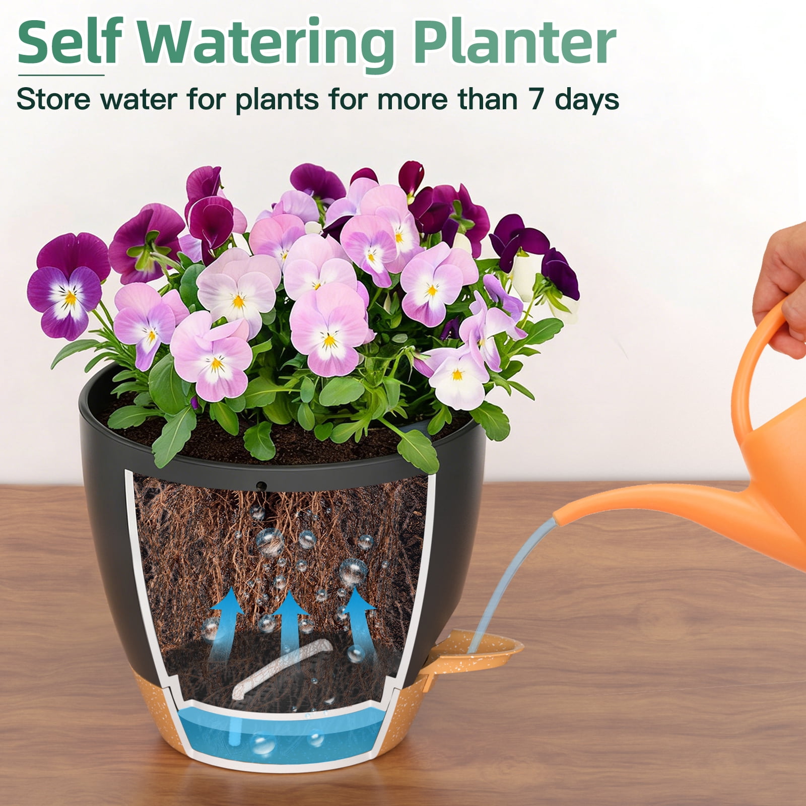 FIASON 2 Pack 10 Inch Matte Black Self-Watering Hanging Planters, Indoor Outdoor Flower Pots with Visual Water Reservoir, Drainage Holes & 2 Types of Plant Hangers for Garden Home Decor