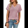 thumbnail image 1 of Blusas Elegantes e Informales de Corta para Mujer, Modernas, de Verano, con Cuello en V, Holgadas y A Rayas. Vino Tinto S, 1 of 9