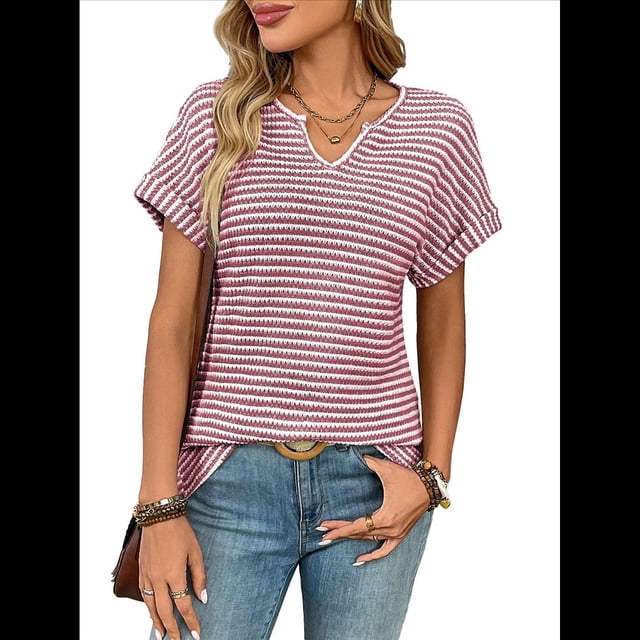 Blusas Elegantes e Informales de Corta para Mujer, Modernas, de Verano, con Cuello en V, Holgadas y A Rayas. Vino Tinto S